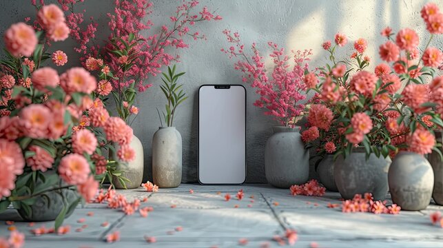 Mockup image of smartphone with blank white screen on the floor among pink flowers and flowers in pots, digital menu concept.