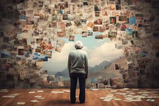 A senior piecing together a puzzle of his own face, symbolizing the construction of self and memory.