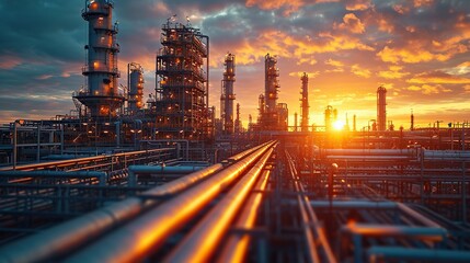 Close up Industrial view at oil refinery plant form industry zone with sunrise and cloudy sky - obrazy, fototapety, plakaty