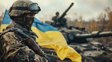 Ukraine Soldiers United: Flag of Strength in the Background, Generative AI - obrazy, fototapety, plakaty