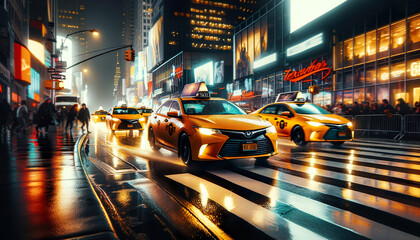 Yellow taxi cabs in New York city. Yellow Taxis are the only vehicles licensed to pick up street hailing passengers anywhere in NYC. Night scene