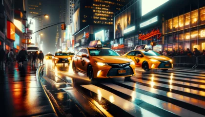Crédence de cuisine en verre imprimé TAXI de new york Yellow taxi cabs in New York city. Yellow Taxis are the only vehicles licensed to pick up street hailing passengers anywhere in NYC. Night scene