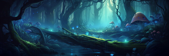 Dark Mysterious Forest. Background image 3808x1280 pixels. Neo Game Art 003