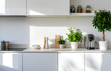 Fototapeta na wymiar General view of white modern kitchen with countertop with plant in pot and kitchen equipment