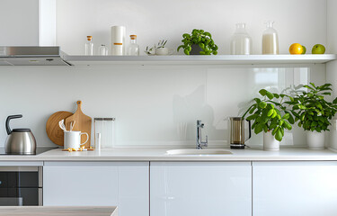 Fototapeta na wymiar General view of white modern kitchen with countertop with plant in pot and kitchen equipment