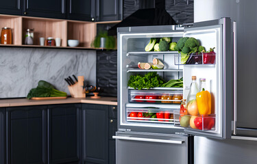 openned metal modern fridge with vegetables in it