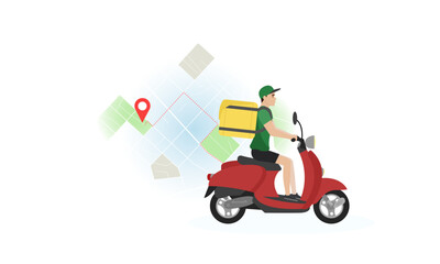 Obraz premium Delivery man illustration. A young guy with a backpack rides a scooter against the background of a map with a route. Fast delivery. Delivery service.