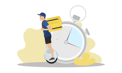 Delivery man illustration. A young guy with a backpack rides an electric unicycle. Fast delivery. Delivery service.