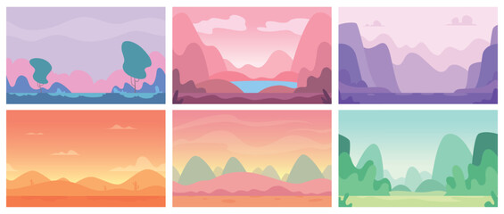 Flat landscape. Gaming stylized backgrounds with trees sky and mountains exact vector abstract nature pictures collection
