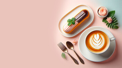 French eclair with a cup of coffee on a pastel background with a place to copy