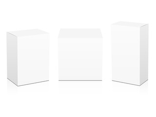 Set of white box mockup. Package mock up can be used for medicine and cosmetic. Vector 3D illustration isolated white background.