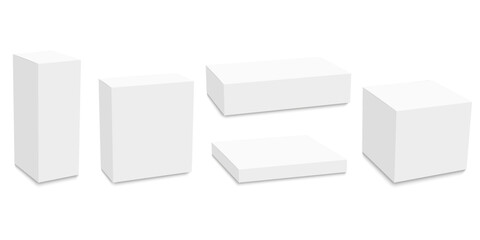 Set of white box mockup. Package mock up can be used for medicine and cosmetic. Vector 3D illustration isolated white background.