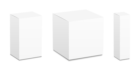 Set of white box mockup. Package mock up can be used for medicine and cosmetic. Vector 3D illustration isolated white background.