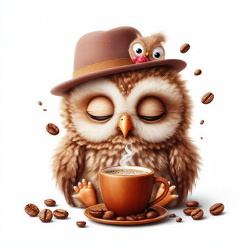 Photo of a cute sleepy owl drinks coffee in the morning isolated on a white background. ai generative