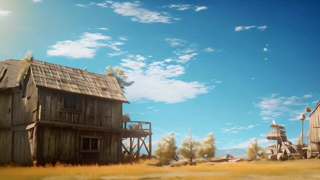 wooden village building. 4k video animation