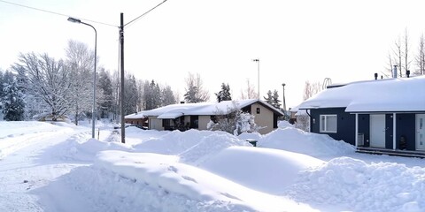 Sunny winter day in snowy Finnish village. Europe, Finland. 