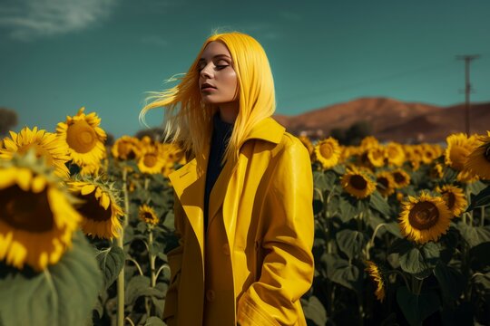 Model woman with yellow hair in field sunflowers. Closed eyes, cloudy sky, beautiful girl in coat. Generate Ai