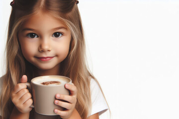 Portrait of a cute little girl drinking coffee isolated on a white background. ai generative