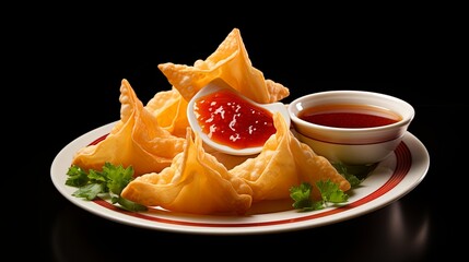 Savory Delights: A delectable plate of food with tantalizing dipping sauce