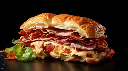 Delectable layers: A savory sandwich piled high with meat, cheese, and lettuce - obrazy, fototapety, plakaty