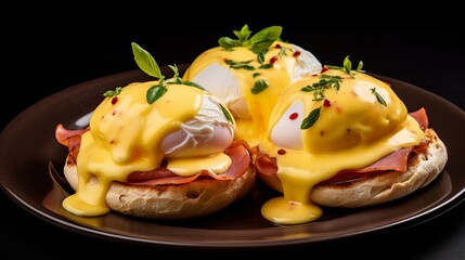 Savory Eggs Benedict with Ham and Hollandaise on a Plate