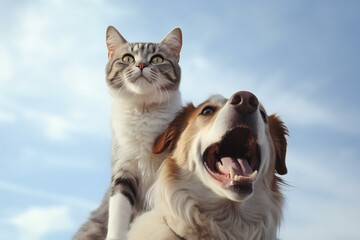 Cat and dog on sky background, closeup,  Pet care concept