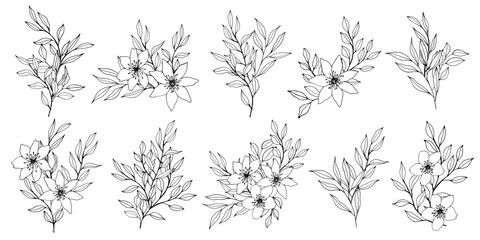 vector composition with flower, leaves and branch. Elegant art for decoration. ink hand drawing monochrome botanical illustration for backgrounds. Template for wedding cards, polygraph, logo, tattoo - obrazy, fototapety, plakaty