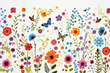 Colorful flowers and butterflies on white background,  Floral seamless pattern
