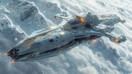 Fototapeta premium spaceship flying above the clouds. 3d illustration of fantasy futuristic spaceship.