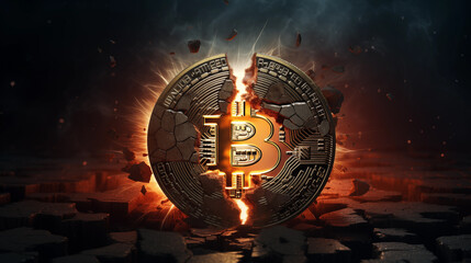Bitcoin btc coin breaking in half. Concept for bitcoin halving April 2024