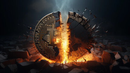 Bitcoin btc coin breaking in half. Concept for bitcoin halving April 2024