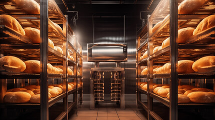 Loafs of bread in a bakery on oven trays