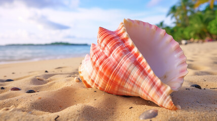 Fototapeta na wymiar Colorful and intricate Conch Shell or Seashell on the beach