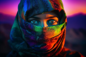 Arab woman with beautiful eyes in bright traditional clothes. Middle Eastern princess closeup photo surrounded by mountains. Generate Ai