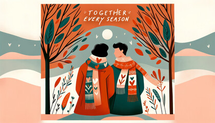Together Every Season - Couple in Nature.
Illustration of a couple in seasonal attire embracing each other in a scenic nature backdrop.