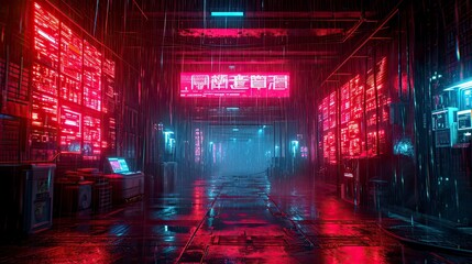 The atmosphere of a futuristic city at night with sparkling city lights and rain. Futuristic Background.