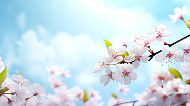 White and pink flowers against the blue sky - cherry blossoms.