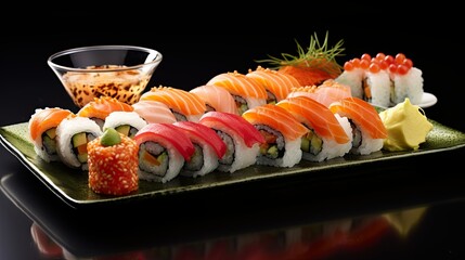 Culinary Delight: A delectable assortment of sushi and a tantalizing bowl of dipping sauce