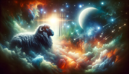 Cosmic Dreamscape with a Sheep.
A surreal scene with a sheep amidst cosmic skies and celestial bodies.
