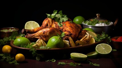 Succulent roasted chicken garnished with zesty limes and herbs