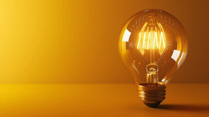 Light bulb on yellow background with copy space. Glowing light bulb symbol of new idea, inspiration, innovation, solution, creativity concept. Design for banner, card, poster, ads. - Powered by Adobe
