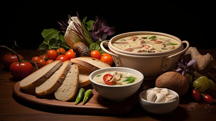 Savory comfort: A bowl of homemade soup and freshly baked bread on a rustic wooden table