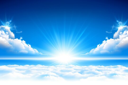 A breathtaking view of a serene sky where the brilliant sun shines with rays beaming across the vivid blue atmosphere, piercing through fluffy white clouds. The image evokes a sense of peace and