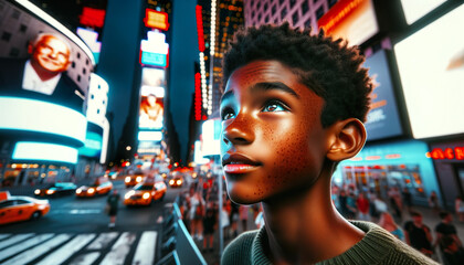 Boy looking up in awe at all the colorful billboards and digital screens found in times square New...