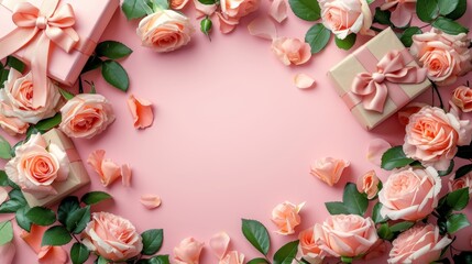 Fototapeta na wymiar Valentine's Day design concept background with pink.Flower roses frame on pink pastel background. Mothers day, Valentines Day, Birthday Greeting card.