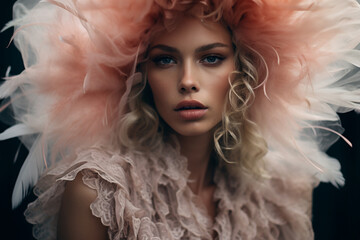 Vibrant color portrait of enigmatic fashion model in haute couture designer clothing and dynamic makeup. Avante garde dresses with bold texture and dream like concepts.