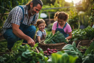 Portrait of happy family harvesting vegetables in vegetable garden. Focus on man
