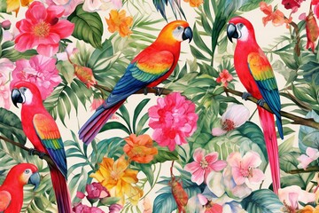 Seamless pattern with parrots and tropical flowers,  Watercolor illustration