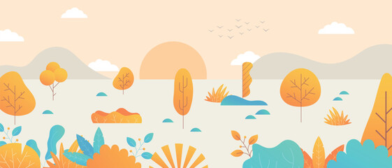 Gradient leaves landscape autumn. Tree background. Cartoon leaf, simple mountain wild scenery, pastel nature gradation element. Nature field panorama minimal style. Vector cartoon flat design
