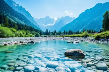 Gordijnen Serene alpine mountain landscape with pristine blue sky and captivating water reflection © Ksenia Belyaeva